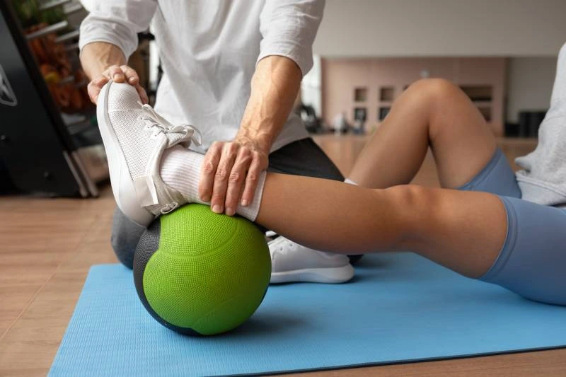 Physical therapist assisting with rehabilitation using a stability ball at Magnet Health NY, 907 E Tremont Ave, Bronx, NY 10460